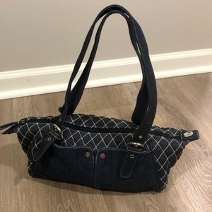 Vera Bradley hand bag denim blue, cross stitch, diamond pattern, paisley liner